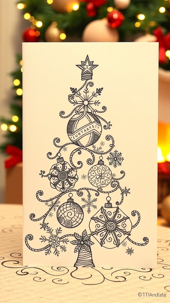 Hand-drawn Zentangle Christmas card with intricate patterns of a Christmas tree and snowflakes.